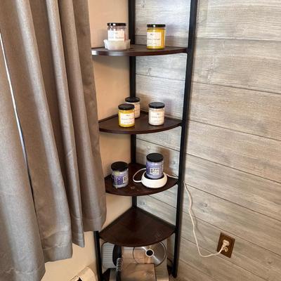 Corner shelf with candles and Bella meat slicer