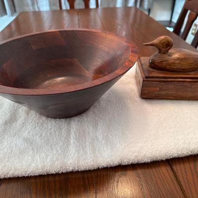 Wood bowl and ceramic duck