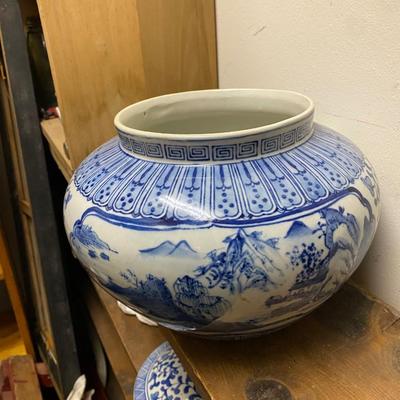 Mid 20th Century Chinese Blue and White Floral & Landscape Porcelain Lidded Urn