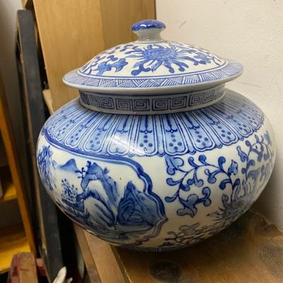 Mid 20th Century Chinese Blue and White Floral & Landscape Porcelain Lidded Urn