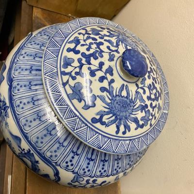 Mid 20th Century Chinese Blue and White Floral & Landscape Porcelain Lidded Urn