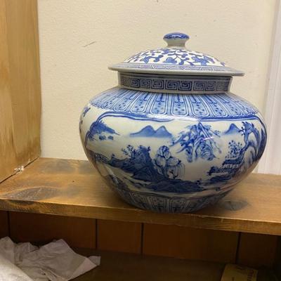 Mid 20th Century Chinese Blue and White Floral & Landscape Porcelain Lidded Urn