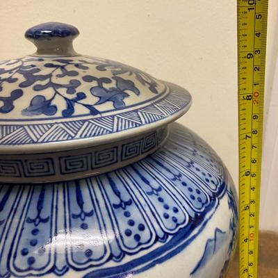 Mid 20th Century Chinese Blue and White Floral & Landscape Porcelain Lidded Urn