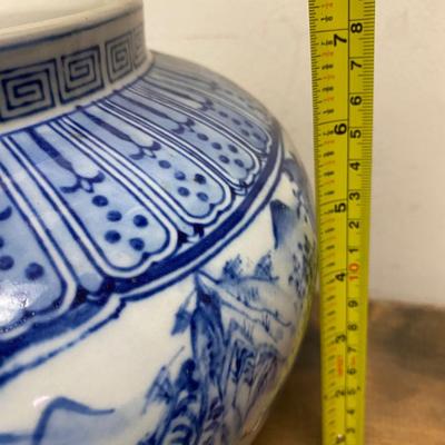 Mid 20th Century Chinese Blue and White Floral & Landscape Porcelain Lidded Urn
