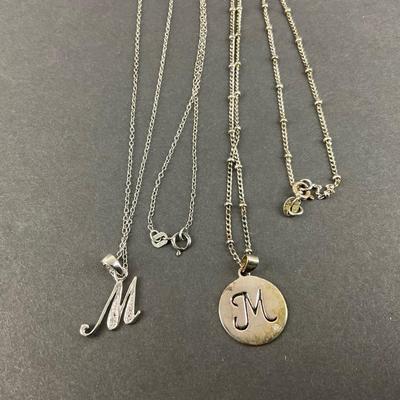 -143- SILVER | Sterling Monogrammed M Necklaces With Diamond Chips | Marked