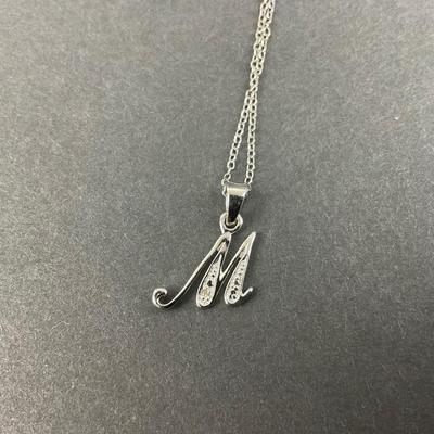 -143- SILVER | Sterling Monogrammed M Necklaces With Diamond Chips | Marked