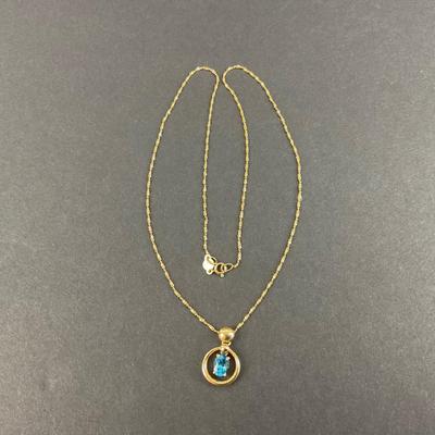 -145- GOLD | 14K Chain & Pendant With Blue Stone | Marked