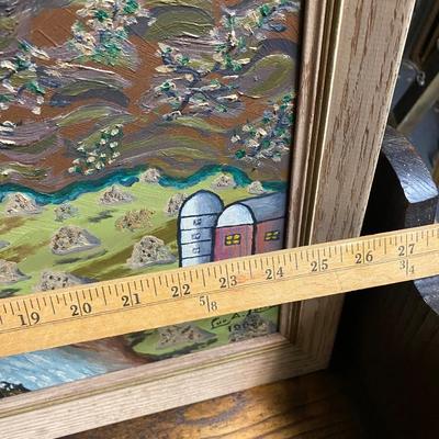 Vintage framed painting on board River with mountains and sunrise Lud A. Lotter 1963