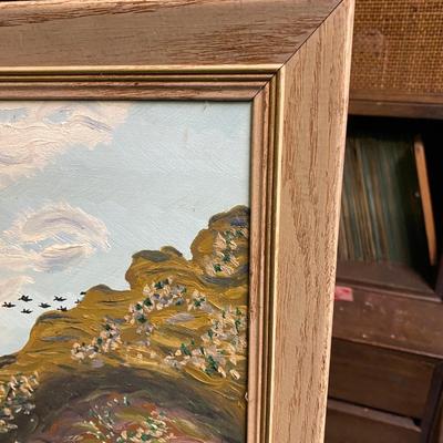 Vintage framed painting on board River with mountains and sunrise Lud A. Lotter 1963