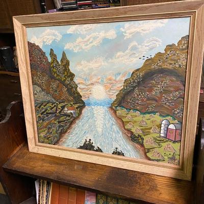 Vintage framed painting on board River with mountains and sunrise Lud A. Lotter 1963