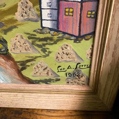 Vintage framed painting on board River with mountains and sunrise Lud A. Lotter 1963