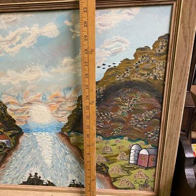 Vintage framed painting on board River with mountains and sunrise Lud A. Lotter 1963
