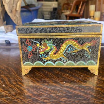 ANTIQUE OLD CHINESE PORCELAIN ENAMEL CLOISONNE DRAGON JEWELRY BRONZE BOX