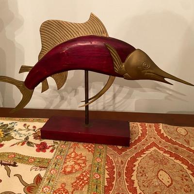 MCM Frederick Cooper Style Brass Wood Marlin Sculpture