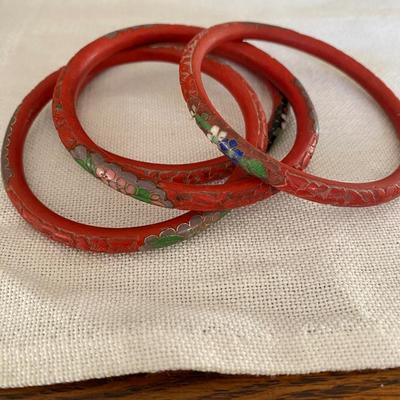 Vintage Antique Chinese Carved Cinnabar & Cloisonné Bangles Bracelets