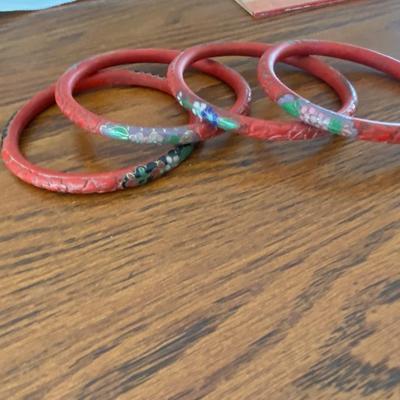 Vintage Antique Chinese Carved Cinnabar & Cloisonné Bangles Bracelets