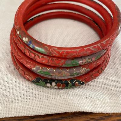 Vintage Antique Chinese Carved Cinnabar & Cloisonné Bangles Bracelets