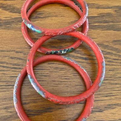 Vintage Antique Chinese Carved Cinnabar & Cloisonné Bangles Bracelets