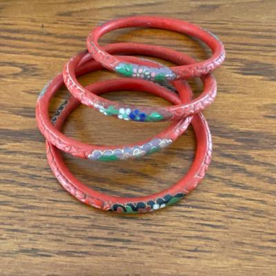 Vintage Antique Chinese Carved Cinnabar & Cloisonné Bangles Bracelets