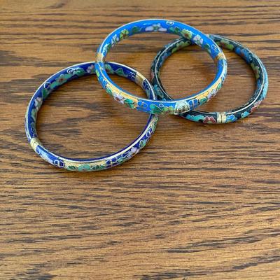 Vintage Turquoise Cloisonné Floral Bangle Bracelet Hinged Easy On