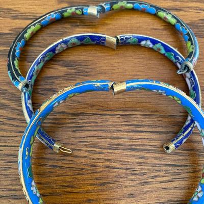 Vintage Turquoise Cloisonné Floral Bangle Bracelet Hinged Easy On