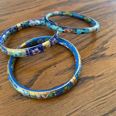 Vintage Turquoise Cloisonné Floral Bangle Bracelet Hinged Easy On