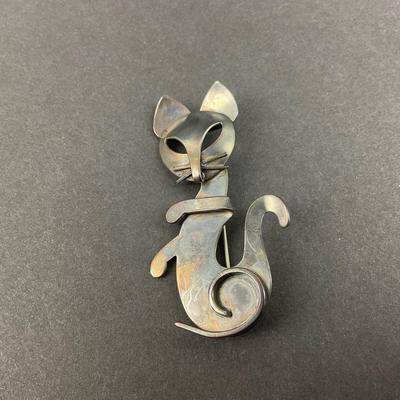 -153- SILVER | Sterling Beau Art Deco Cat Brooch | Marked