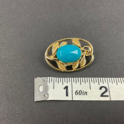 -159- COSTUME JEWELRY | Blue & Gold Tone Brooch & Clip Earrings