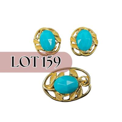 -159- COSTUME JEWELRY | Blue & Gold Tone Brooch & Clip Earrings