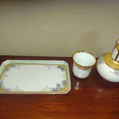 Porcelain Bedside Carafe with Cup and Tray- Hand Painted by Local Artist