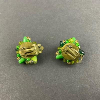 -161- COSTUME JEWELRY | Western Germany Green Necklace & Clip Earrings | Marked