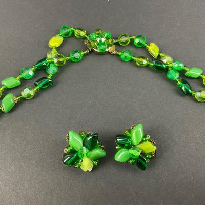 -161- COSTUME JEWELRY | Western Germany Green Necklace & Clip Earrings | Marked