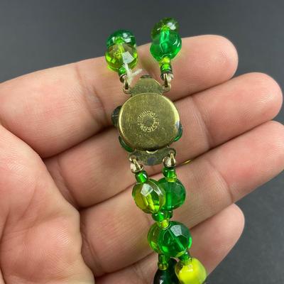 -161- COSTUME JEWELRY | Western Germany Green Necklace & Clip Earrings | Marked