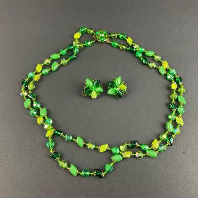 -161- COSTUME JEWELRY | Western Germany Green Necklace & Clip Earrings | Marked