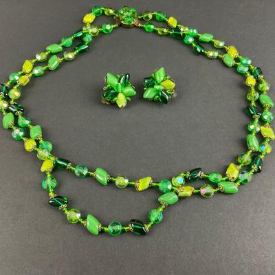 -161- COSTUME JEWELRY | Western Germany Green Necklace & Clip Earrings | Marked