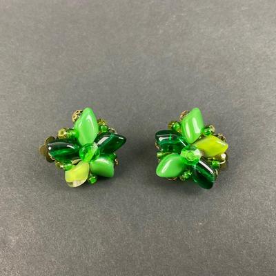 -161- COSTUME JEWELRY | Western Germany Green Necklace & Clip Earrings | Marked