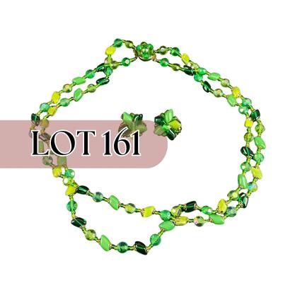 -161- COSTUME JEWELRY | Western Germany Green Necklace & Clip Earrings | Marked