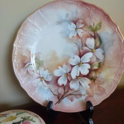 Collection of Hand Painted Porcelain- Plate, Trinket Box, Curved Dish