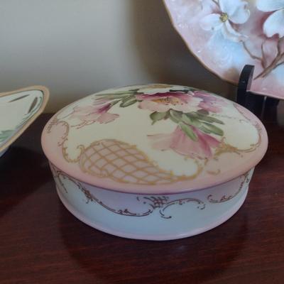 Collection of Hand Painted Porcelain- Plate, Trinket Box, Curved Dish