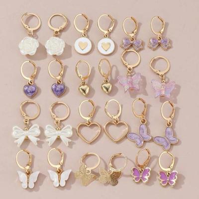 24 Pieces Heart & Butterfly & Faux Pearl & Bow & Flower Shaped Earrings Set Accessories Jewelry