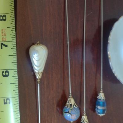 Collection of Hat Pins with Porcelain Holder