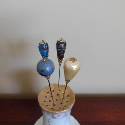 Collection of Hat Pins with Porcelain Holder