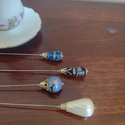 Collection of Hat Pins with Porcelain Holder