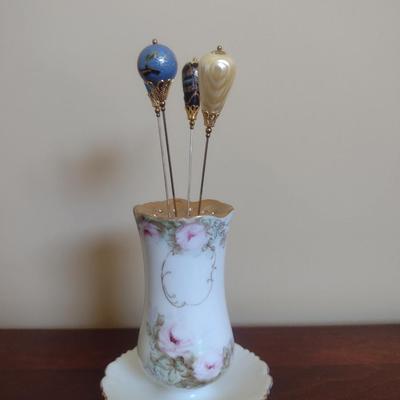 Collection of Hat Pins with Porcelain Holder