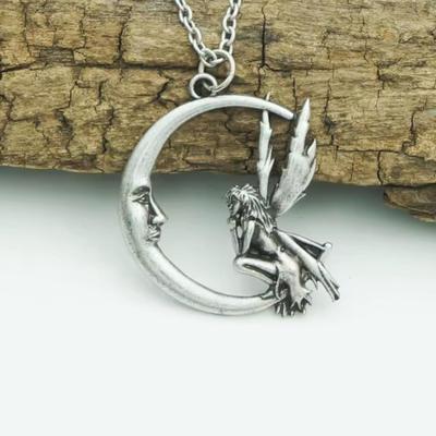 Dream Moon Elf Fairy Pendant Necklace Gothic Charm Jewelry Gift, Antique Silver Plated Fashion Accessories Jewelry Creative Gift