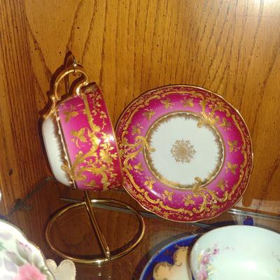 Porcelain Cups, Saucers, and Condensed Milk Jar with Under Plate