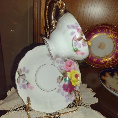 Porcelain Cups, Saucers, and Condensed Milk Jar with Under Plate