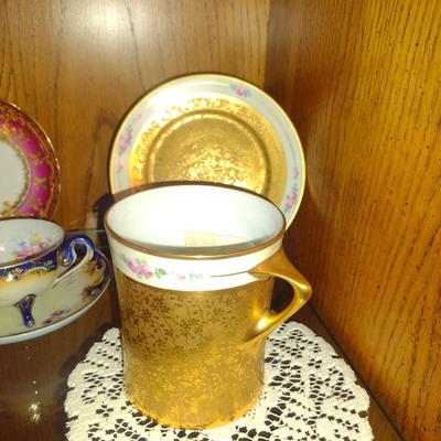 Porcelain Cups, Saucers, and Condensed Milk Jar with Under Plate