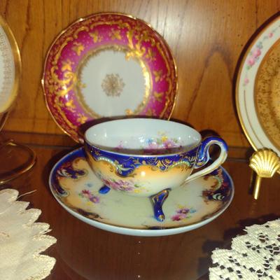 Porcelain Cups, Saucers, and Condensed Milk Jar with Under Plate