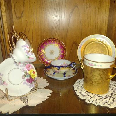 Porcelain Cups, Saucers, and Condensed Milk Jar with Under Plate